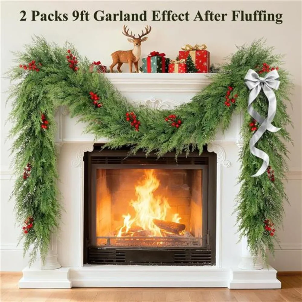 (2 pack) Christmas Garland 9 ft Real Touch Cedar Garland with Red Berry
